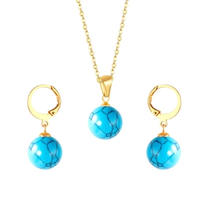 Parure en acier doré avec pendentifs ronds en turquoise sur collier et boucles d'oreilles