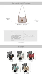 Detail view of 24x16x5cm PU shoulder bag with dimensions and multi-color options chart