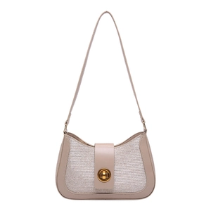 Chic beige patchwork shoulder bag with woven texture and gold twist-lock closure