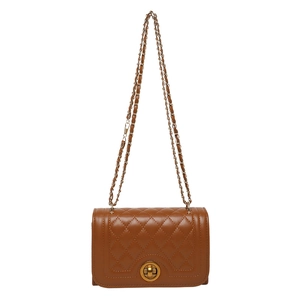 Brown quilted chain bag with gold metal clasp and leather woven strap on white background