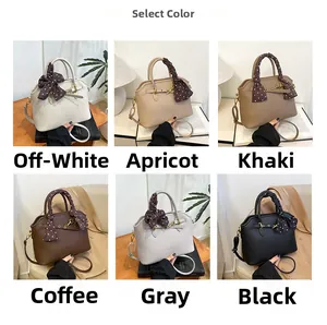 Detailed grid of faux leather tote bags in six colors with decorative polka dot scarves