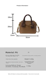 Brown PU leather tote bag details with dimensions and polka dot scarf wrapped handle