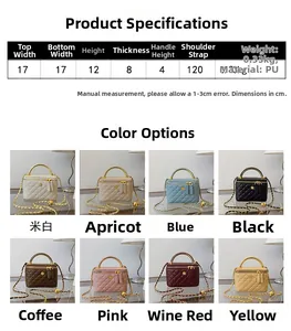 Quilted box bag specification chart showing dimensions and eight color options for women