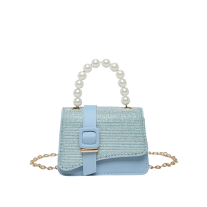 Light blue mini square bag with pearl handle and sparkly silver finish texture