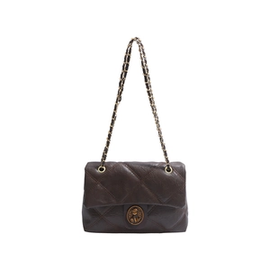 Deep brown quilted crossbody bag with gold chain strap and vintage circular buckle