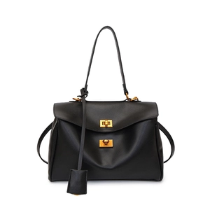 Classic black leather tote bag with gold twist locks and adjustable shoulder strap