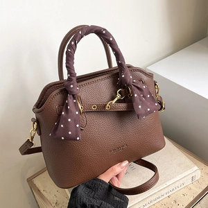 Women Litchi Grain PU Leather Tote Bag Retro Crossbody Shoulder Bag With Polka Dot Silk Scarf Gold Hardware Fashion Bag