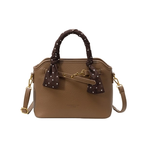 Vintage dark brown tote bag with silk scarf handle and leather cross-body strap