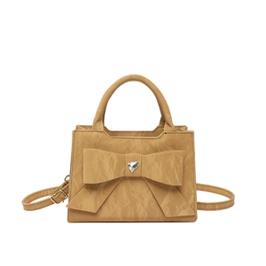 Elegant khaki bow handbag with heart rhinestone and pleated texture for women