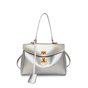 Detail of silver metallic tote bag featuring gold twist lock and fine textured finish