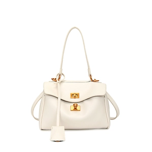 Front view of white leather shoulder bag with vintage gold twist-lock and matte finish