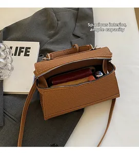 Brown woven box bag interior showing capacity for wallet and lipstick detail