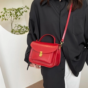 British style red leather handbag with gold metal lock and detachable shoulder strap