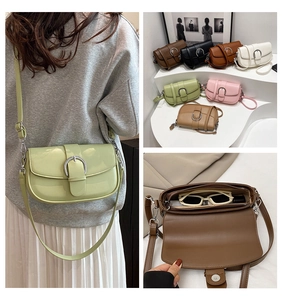 Detail view of retro saddle bag with adjustable strap and spacious interior