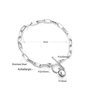Detail view of 21cm stainless steel toggle bracelet with a 12mm polished bead charm