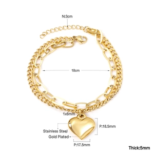 Detail view of double layer gold plated heart lock bracelet with product size measurements
