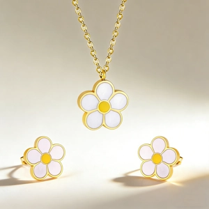 Collier Et Boucles D'oreilles Marguerite En Acier Inoxydable Plaqué Or Émail Pendentif Bijoux Pour Femmes Style Floral
