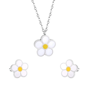 Parure bijoux fleur marguerite avec collier émaillé blanc et boucles d'oreilles