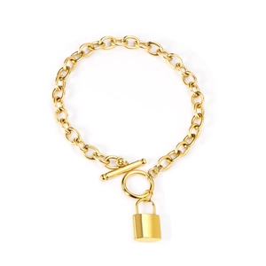 Golden stainless steel toggle clasp bracelet with heart padlock charm in chic cable chain style