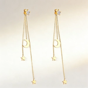 Boucles Oreilles Pendantes Longues Gland Étoile Lune Acier Inoxydable Plaqué Or Zircone Cubique Mode Minimaliste
