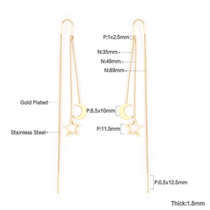 Détail des mesures pour boucles d'oreilles pendantes étoile et lune en acier doré