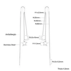 Spécifications de taille pour boucles d'oreilles traversantes étoile et lune en acier