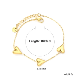 Gold stainless steel chain bracelet with asymmetric heart pendants and lobster clasp