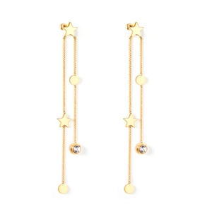 Boucles d'oreilles pompon étoile et lune dorées avec pampilles en zircone cubique