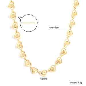 Gold hollow heart link necklace in stainless steel with sunburst texture details