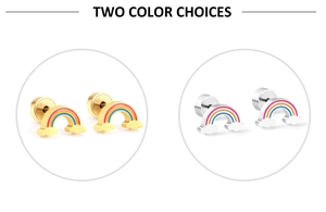 Vista dettagliata degli orecchini ad arcobaleno in oro e argento con chiusura a vite