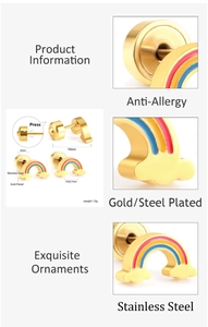 Dettagli degli orecchini arcobaleno placcati oro con dimensioni e specifiche in acciaio inossidabile