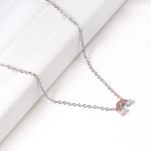 Macro detail of rainbow enamel pendant on a silver stainless steel O-chain necklace