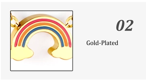 Detailed macro view of a gold-plated rainbow pendant with colorful enamel and cloud motifs