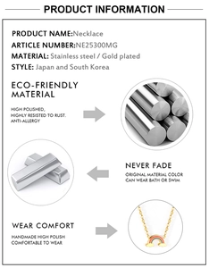 Detailed spec sheet for gold-plated stainless steel necklace with rainbow enamel pendant