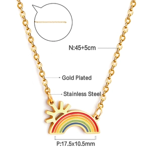 Gold plated stainless steel necklace with colorful rainbow sun pendant and jewelry dimensions