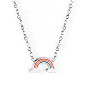 Rainbow cloud pendant necklace in stainless steel featuring colorful enamel on silver chain
