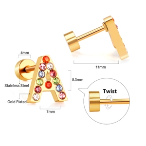 Detail of gold plated stainless steel letter A stud earring with colorful rainbow crystals