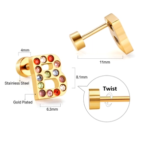 Macro detail of gold plated letter B stud earring with colorful crystals and twist back closure