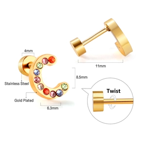 Detailed view of C-letter stainless steel earring with colorful crystals and twist back
