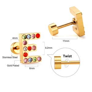 Detail view of gold-plated stainless steel letter E stud earrings with multicolor crystals