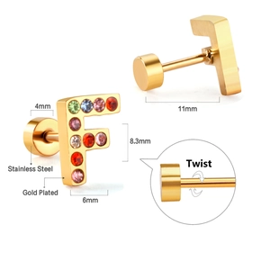 Detail view of gold-plated F-letter earring with colorful crystals and screw-back closure