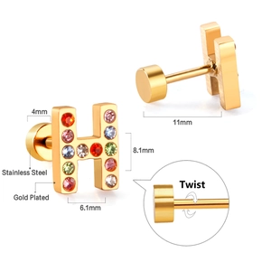 Macro detail of H-shaped stainless steel earring with colorful crystals and dimensions
