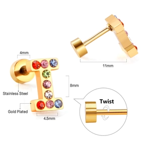 Detailed view of gold-plated stainless steel letter I earring with multi-color crystals