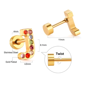 Detail of gold plated stainless steel letter J stud earring with colorful zircon stones
