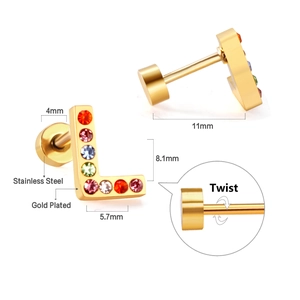 Detailed view of gold plated letter L ear studs with colorful crystals and screw back