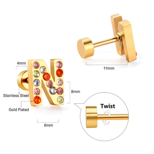 Detail of Gold Plated Stainless Steel N Letter Stud Earring with Colorful Crystals