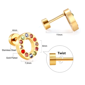 Detail of gold-plated stainless steel earrings with multi-color rhinestones and twist back