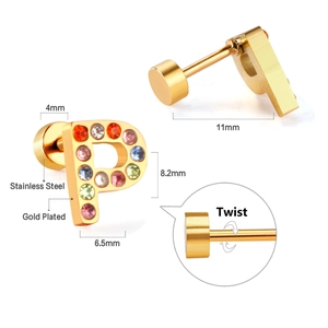 Detail view of gold-plated stainless steel letter P stud earring with colorful zircon stones