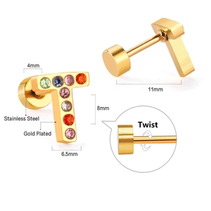 Macro detail of T-shaped stainless steel stud earring with colorful crystals and twist back