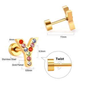 Detailed view of gold plated letter Y stud earring with colorful crystals and screw back